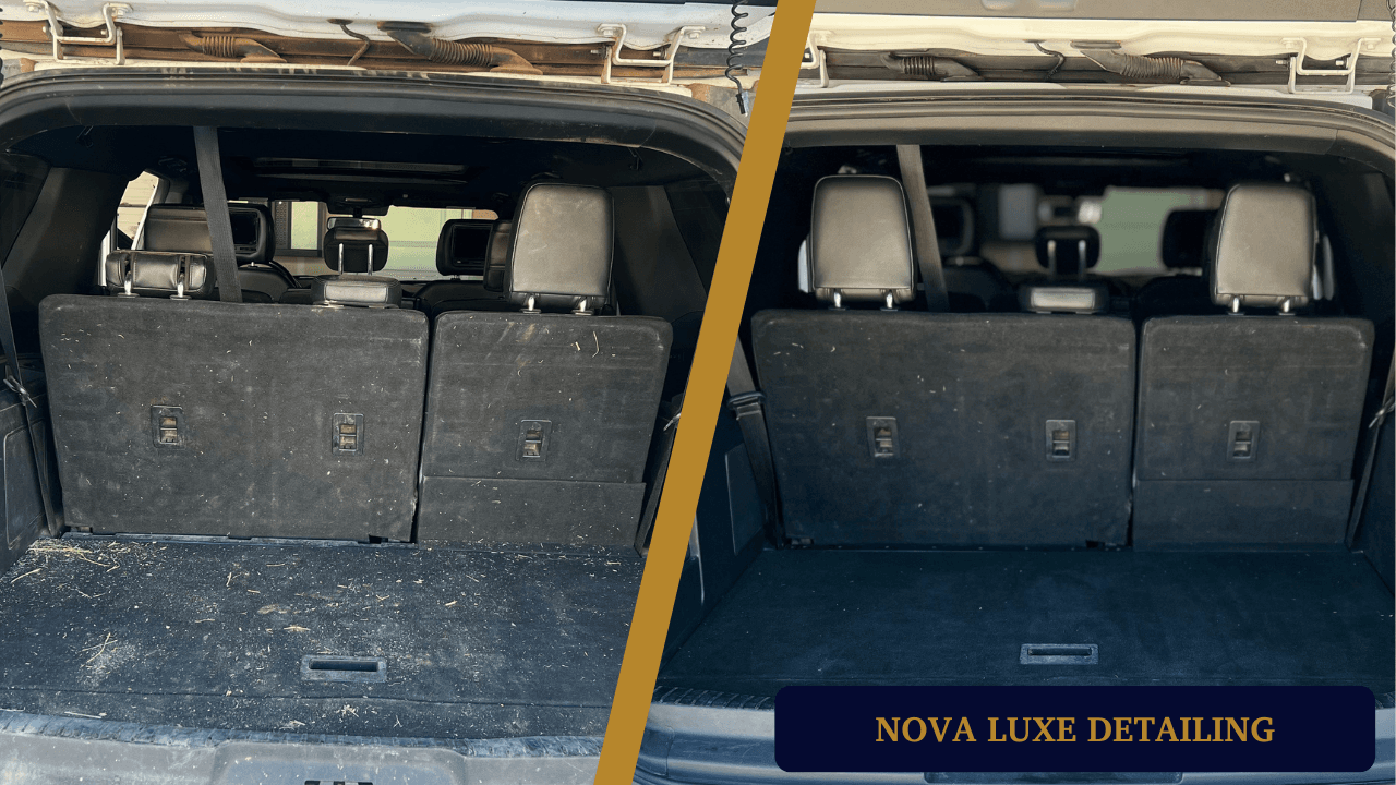 The cargo area of a three-row SUV, dirty on the left and cleaned on the right